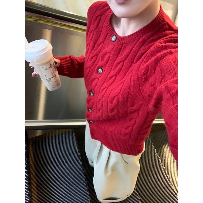 

New Year Red Inner Wear Knitting Cardigan Cable-Knit Sweater Red S