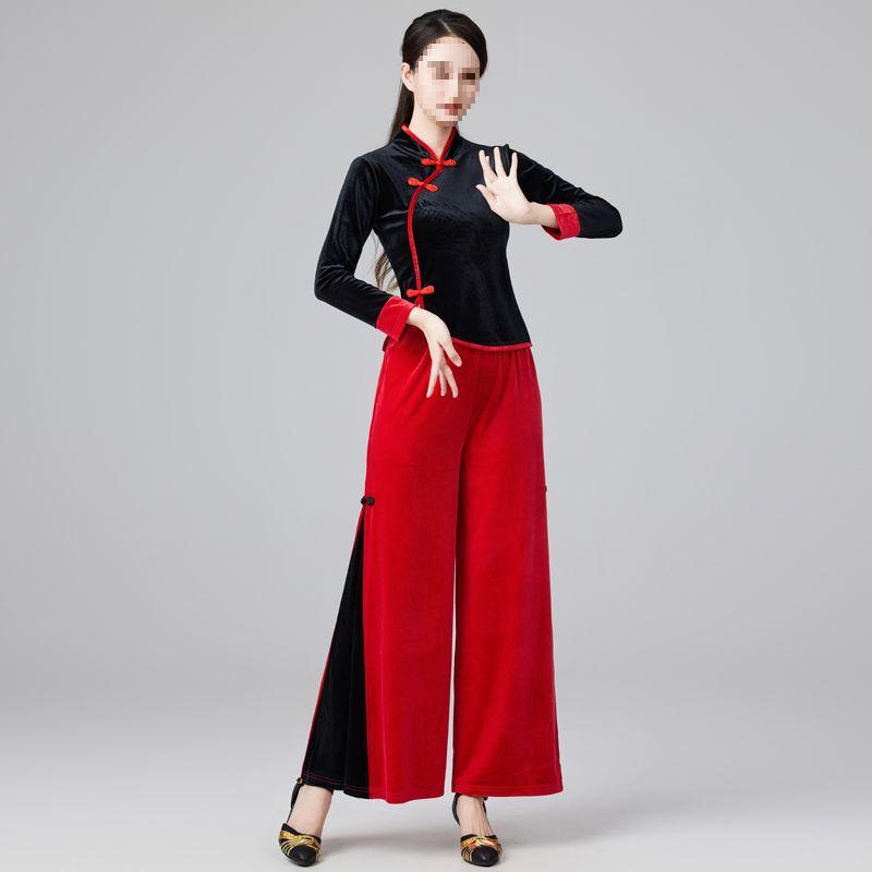 Gold Velvet Team Dance Set: Autumn/Winter Thick Long Sleeve Top & Pants