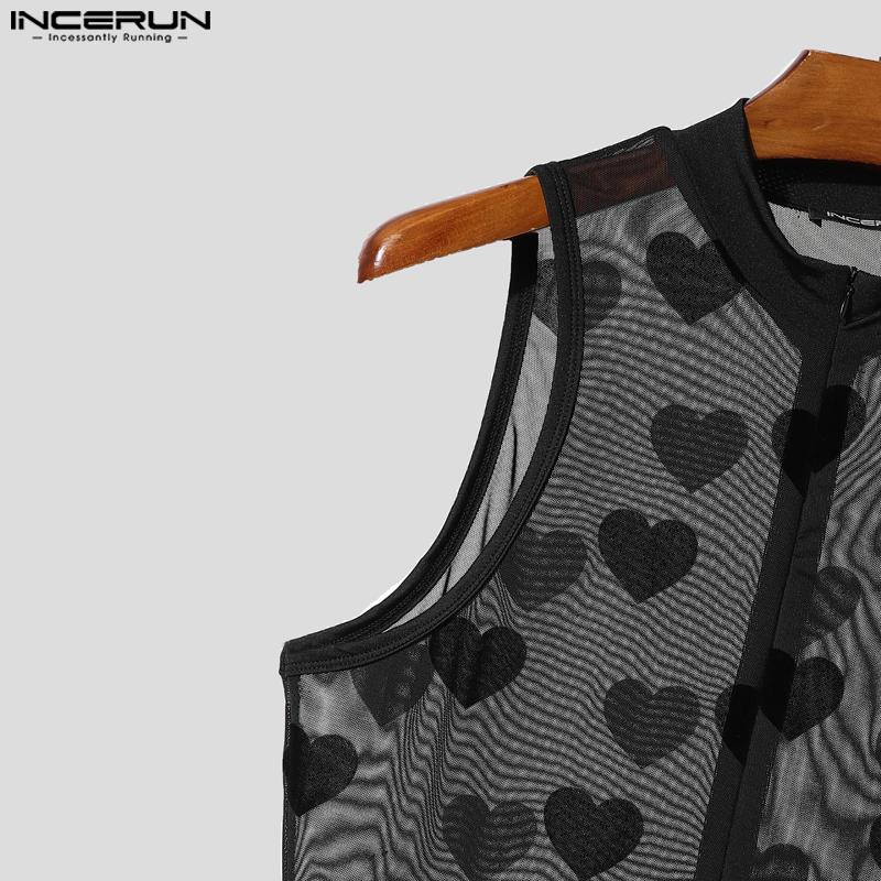 INCERUN Men Crew Neck Sleeveless Print Mesh Sheer Leotard Underwear Jumpsuits