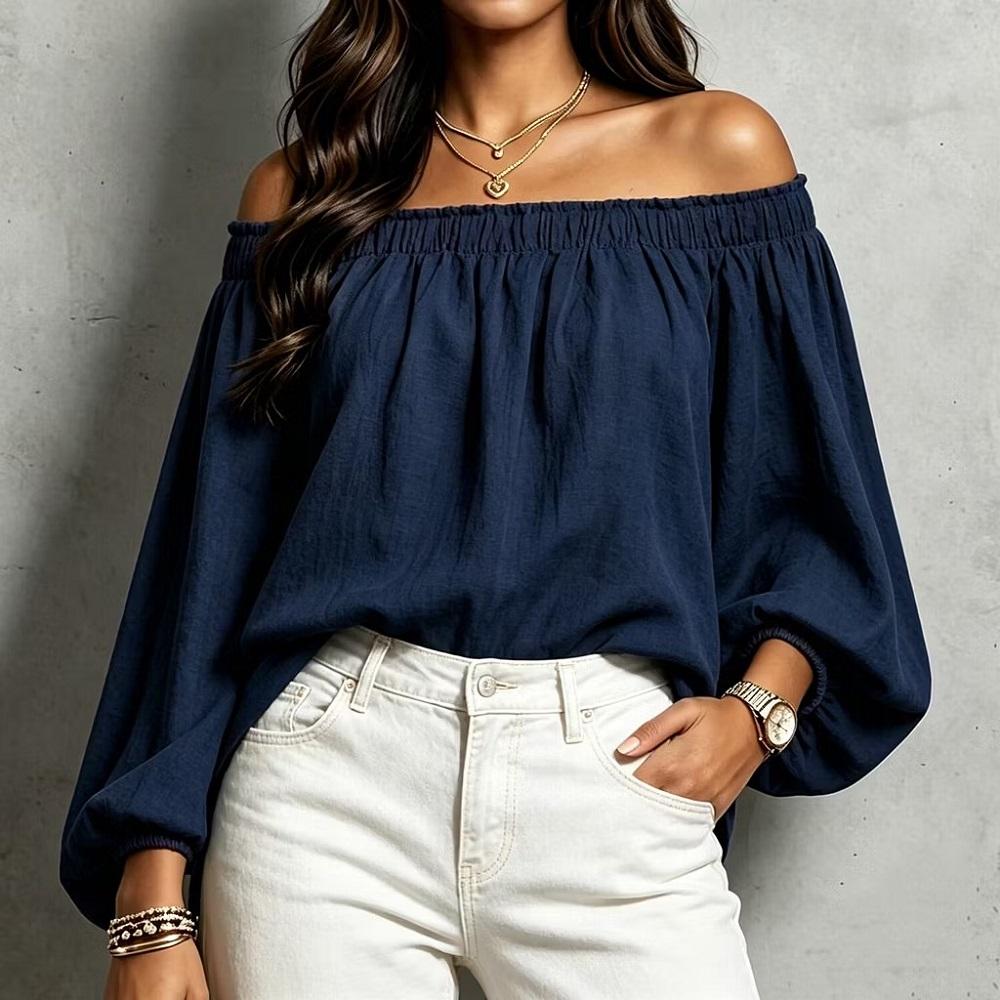 Camiseta casual suelta de manga larga sexy de hombros descubiertos para primavera y otoño, camiseta para mujer, camiseta mujer, tops