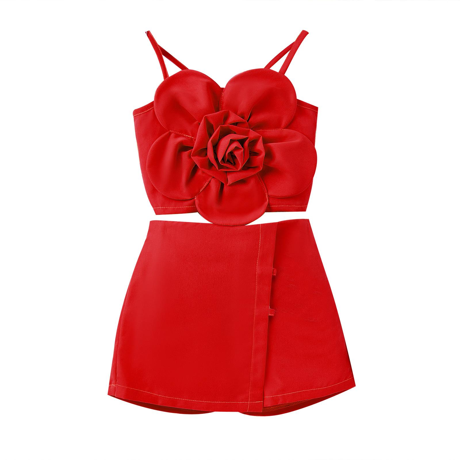 

Повседневный костюм для девочек, летний детский модный костюм с бретелькой через шею и цветком + нестандартная короткая юбка 4Y красный