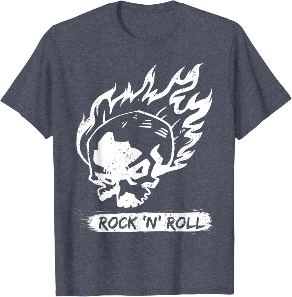 Flaming Skull Rock N Roll Graphic Tee Casual Cotton Short Sleeve TShirt