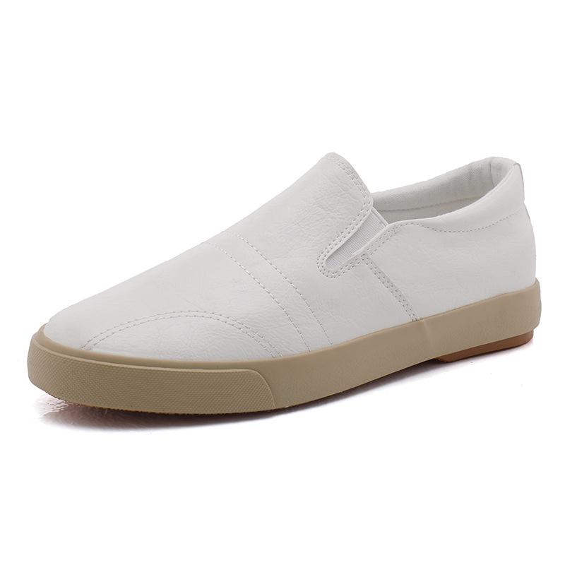 Men's White Casual Slip-On Leather Shoes – Elastic, Low-Top, Lightweight Rubber Flats for All Seasons.
