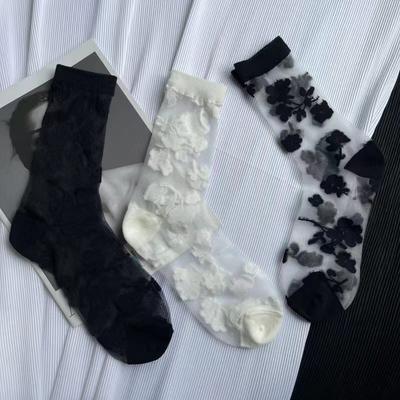 Summer Ultra-thin Transparent Nylon Long Socks Stockings Japanese Fashion Flower Knee Socks Vintage Crystal Silk Socks Stockings