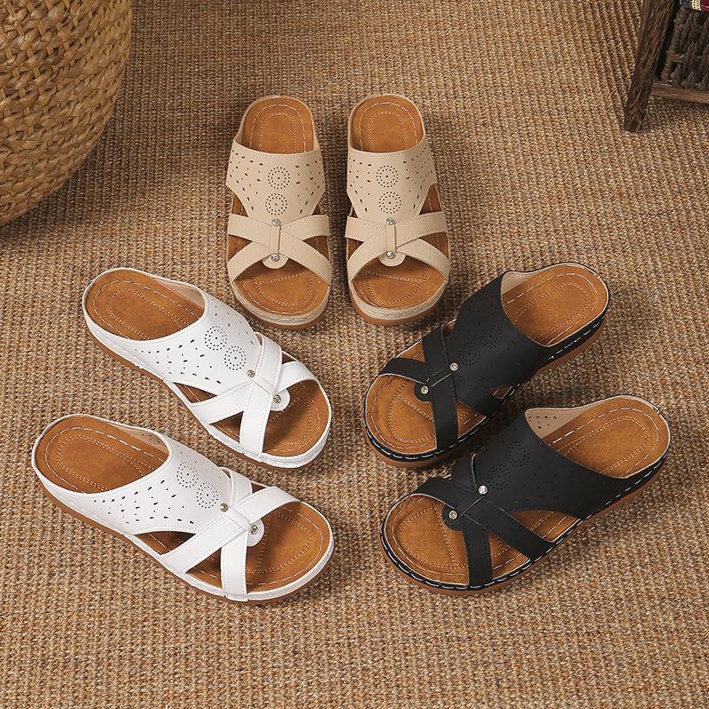 Women's Summer New Slope Heel Slippers Women's Cross I-shaped Solid Color Outerwear Beach Cool Slippers