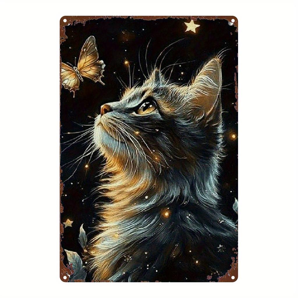 Dreamy Starry Cat Tin Sign X Fantasy Metal Wall Art Retro Iron Plaque for Bedroom Home Theater Cute Animal Decor