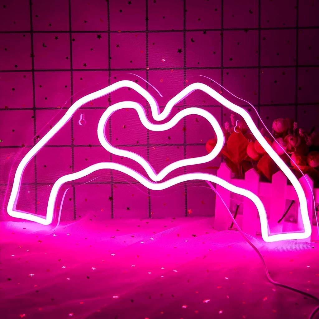 Pink Heart Neon Sign for Wall Decor,Heart LED Light,Heart Neon Light for Girl's Room, Hand Heart Light Decor for Wedding Birthday,Party,Valentines