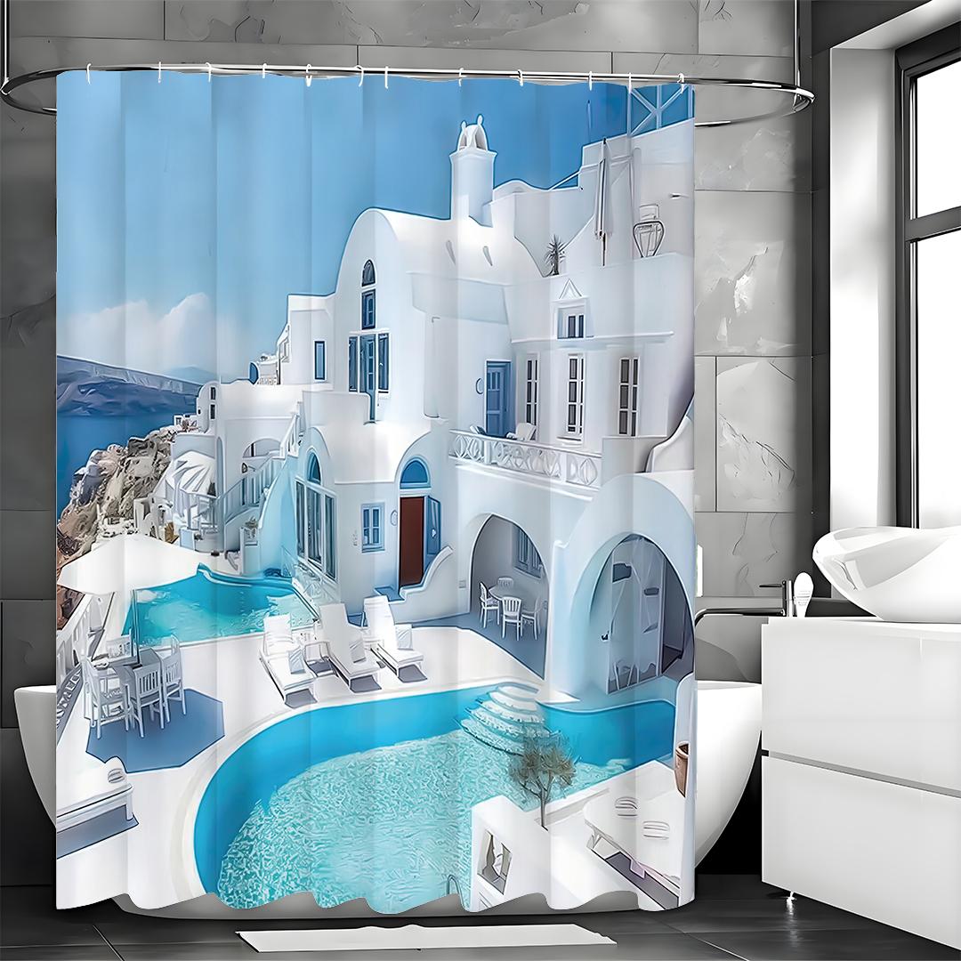 

Белая архитектура на Санторини, Греция Занавески для душа, Декоративные занавески для душа для ванной, Водонепроницаемые занавески для душа с крючками 180*180cm