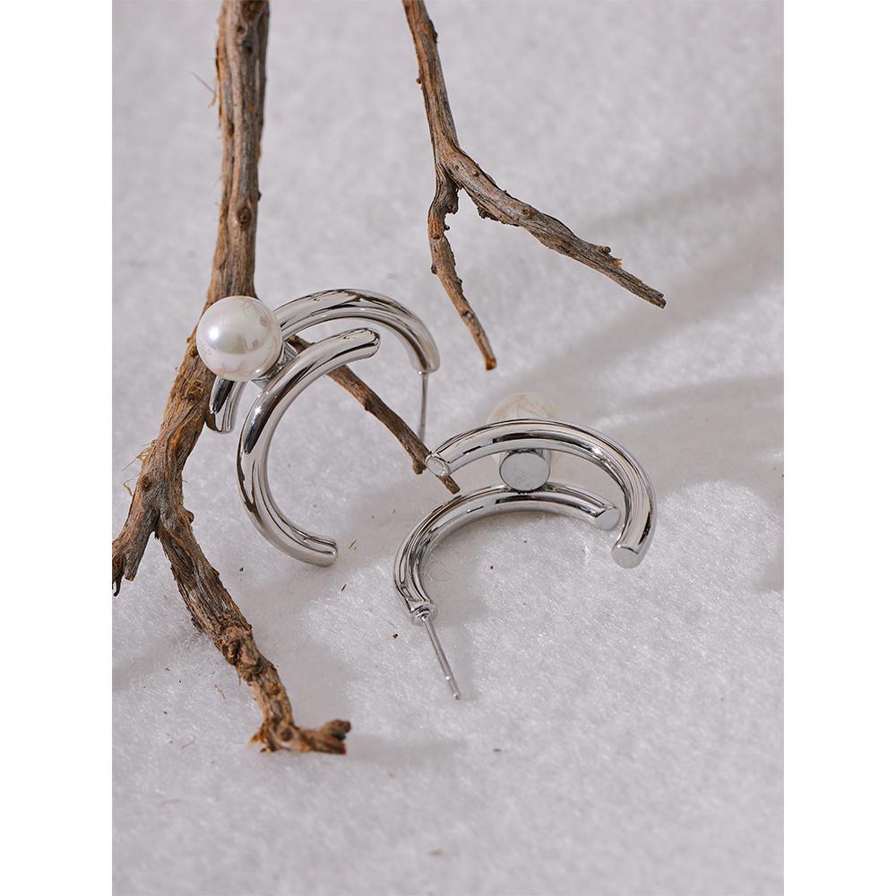 Yhpup Trendy Imitation Pearls Stainless Steel Geometric Huggie Earrings Korean Temperament Anti Allergic Versatile Jewelry New