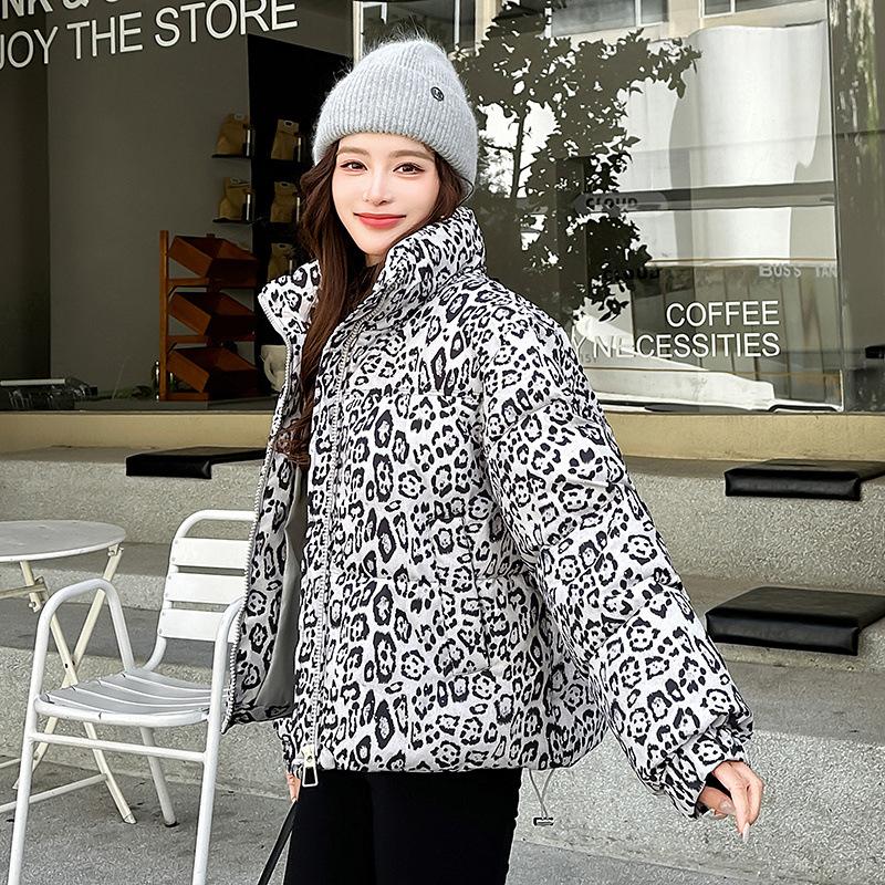 2025 leopard print women's cotton jacket stand-up collar fashion winter new loose and versatile padded jacket warm jacket trend