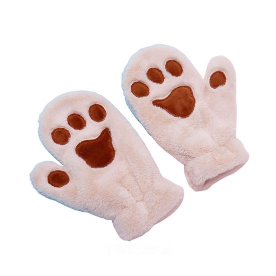1 Pair Women Winter Mittens Cartoon Cat Paw Shape Thick Plush Anti-slip Heat Retention Outdoor Skiing Cycling Gloves