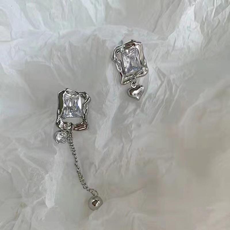 Square Diamond White Diamond Asymmetrical Tassel Round Ball Love Pendant Earrings Cold Wind European and American Ear Accessories