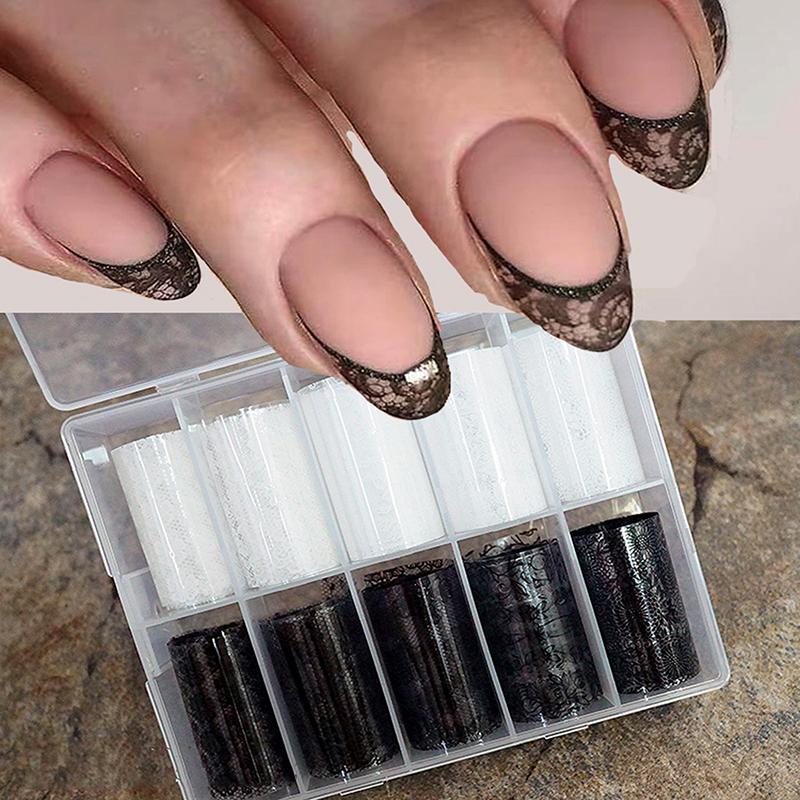 1/10 Rotolo Elegante Bianco Nero Pizzo Fiore Unghie Foil da Trasferimento Fantasia Retrò Floreale Cielo Stellato Carta Adesiva Manicure Accessori