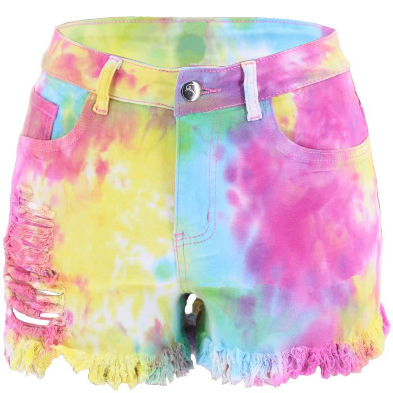 2025 Spring/Summer European and American Tie-Dye Tassel Distressed Hem Loose Women s Denim Shorts M