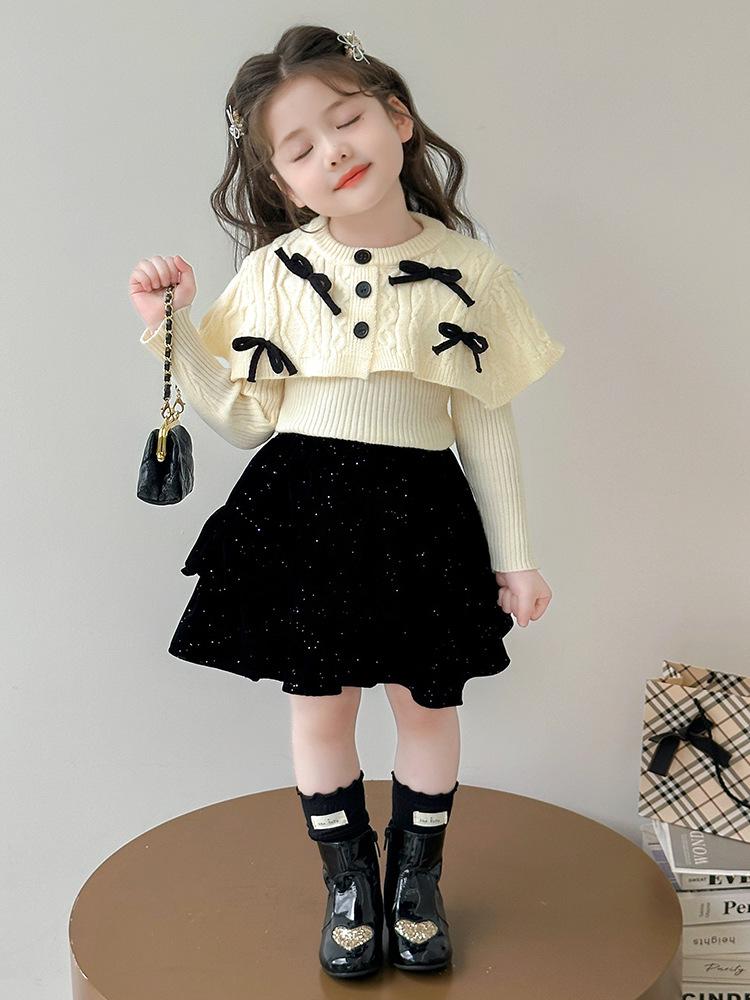 Girls' 2025 Autumn/Winter Knitted Cardigan and Velvet Skirt Set with Sweet Bow Cape