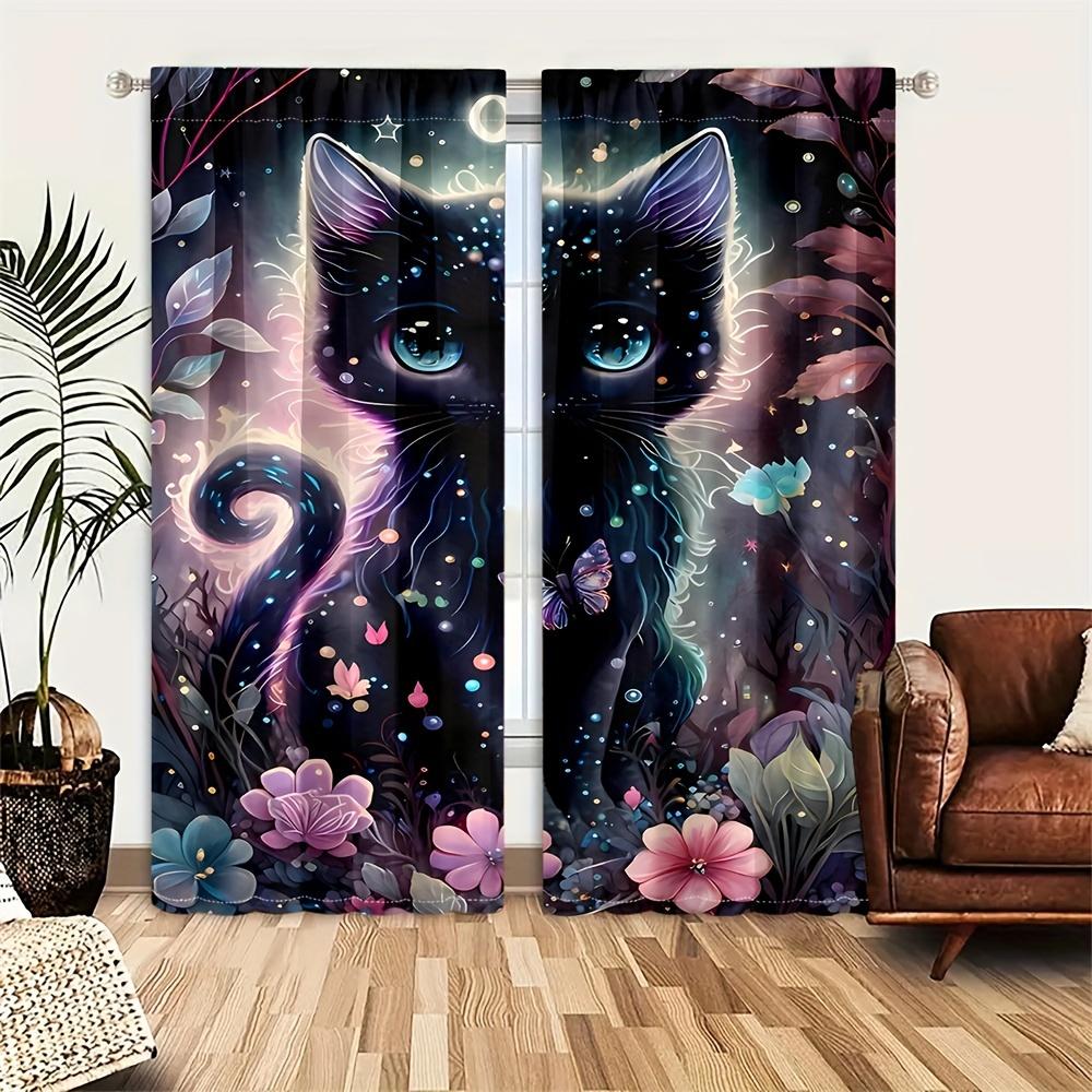2pcs Medieval Abstract Cat Kitchen Curtains Tiers Funny Cute Animal Bohemian Leaves Modern Minimalist Art Office Cafe LivingRoom
