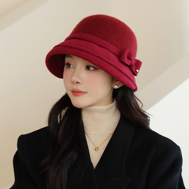 New Woolen Top Hat Bucket Hat Women's Retro Bow Fisherman Hat Autumn and Winter Elegant Basin Hat