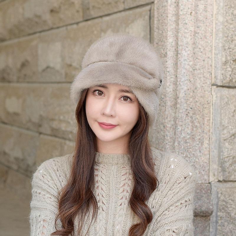 New mink fur hat, whole real mink fur, women's winter warm ear protectors, short edge sun top hat