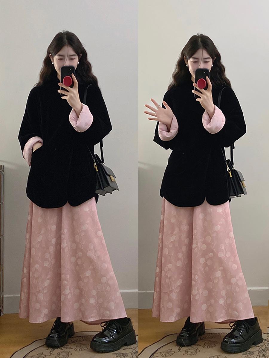 Plus Size Women s Velvet Top & Pink Skirt Suit, New Chinese Style Color Block Design XXL