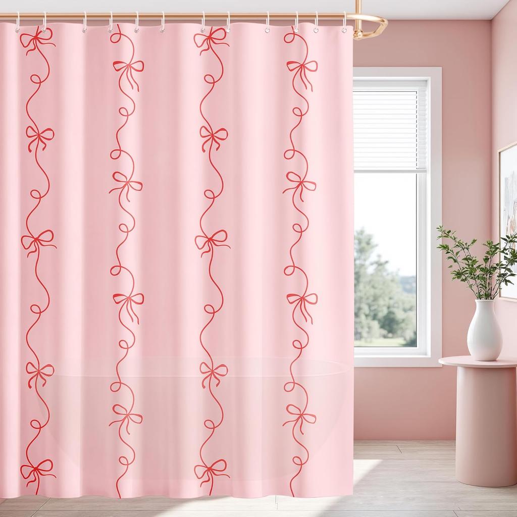 Pink Striped Bow Shower Curtain Cute Girls Shower Curtain with Washable, Waterproof Polyester Print