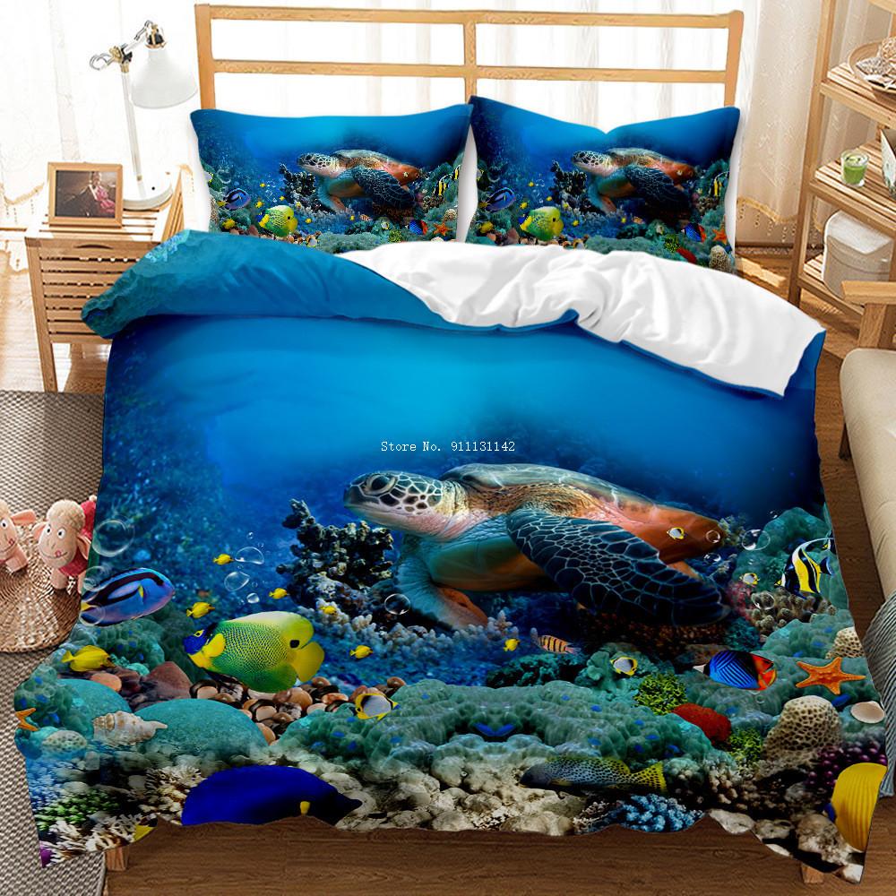 Queen & King Size 3D Undersea World Whale Shark Printed Down Quilt Cover & Pillow Cover Bedding Set with Blue Background