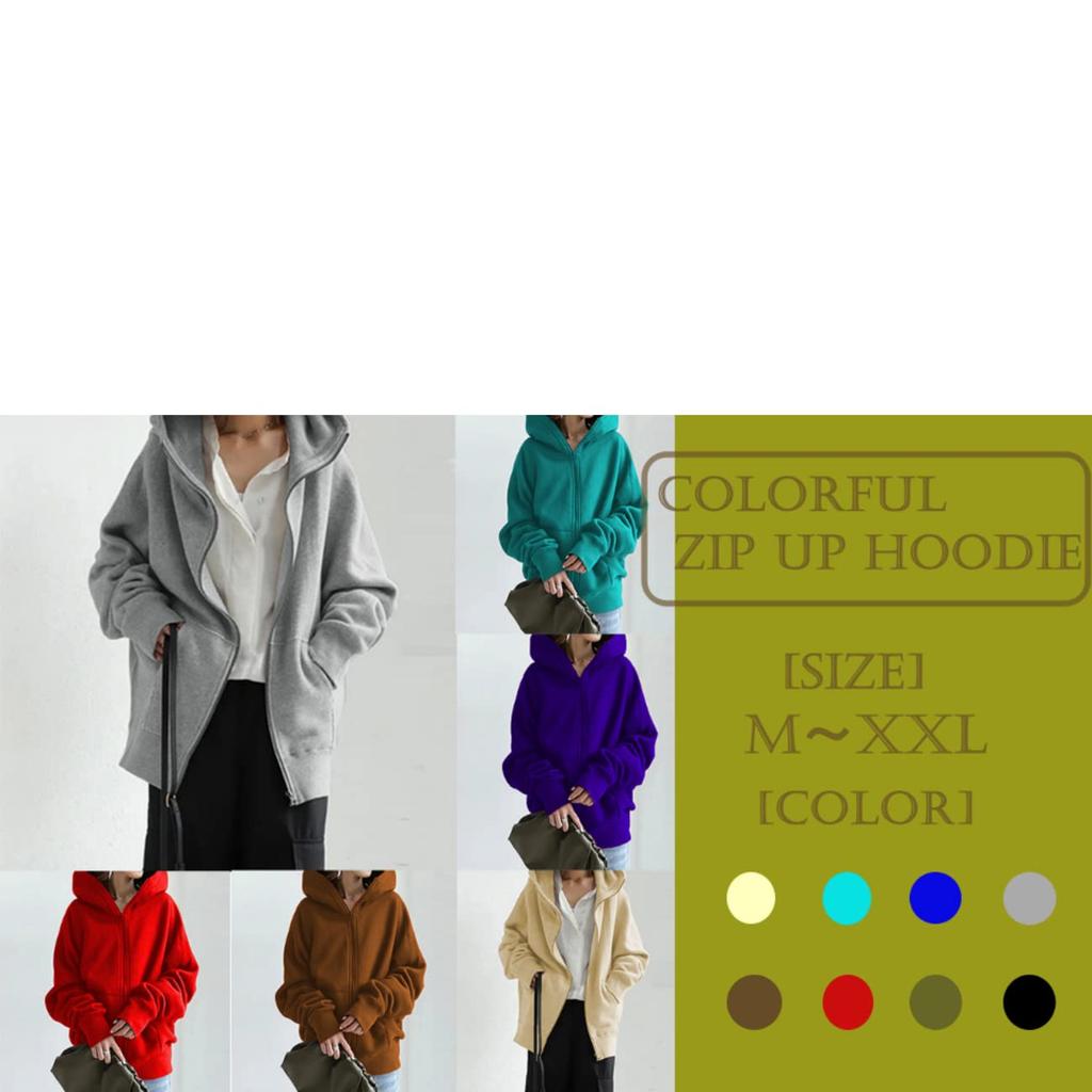 Colorful Solid Loose Korean [1/2style] [Nibunnoichi Style] Zip-Up Hoodie, Hood, Lightweight, Color, Fit, Long, Oversized, Spring, Fall, Winter,