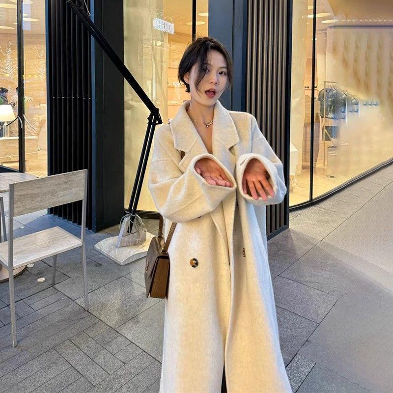Retro Korean Style Oatmeal White Woolen Coat - Women's Loose Mid-Length, Perfect for Autumn and Winter