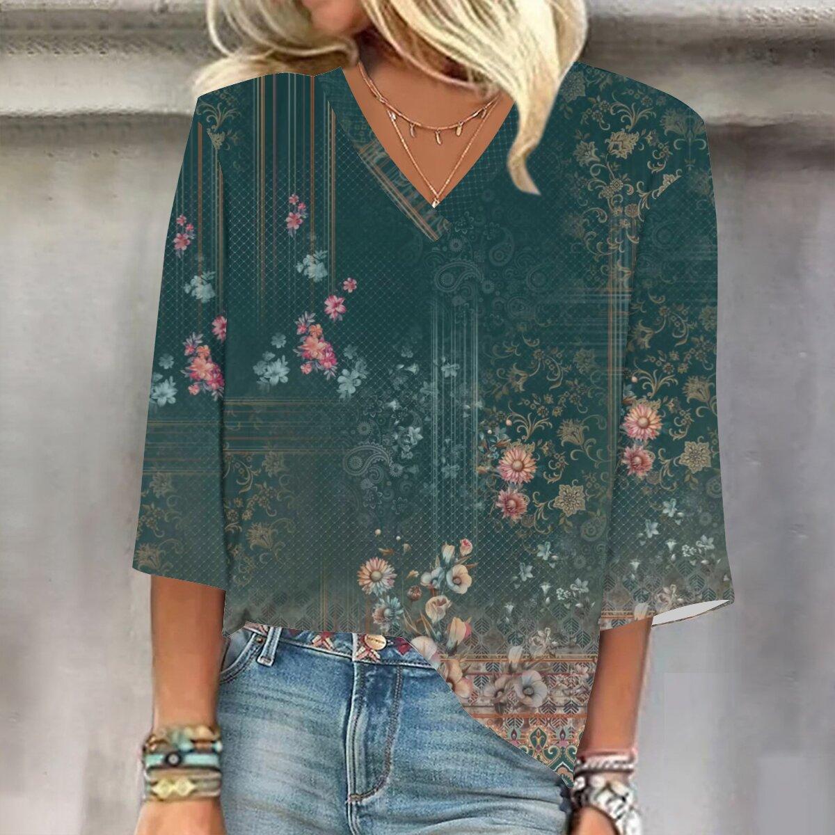 

2023 Весенне-осенний новый модный топ с рукавом 3/4 и принтом