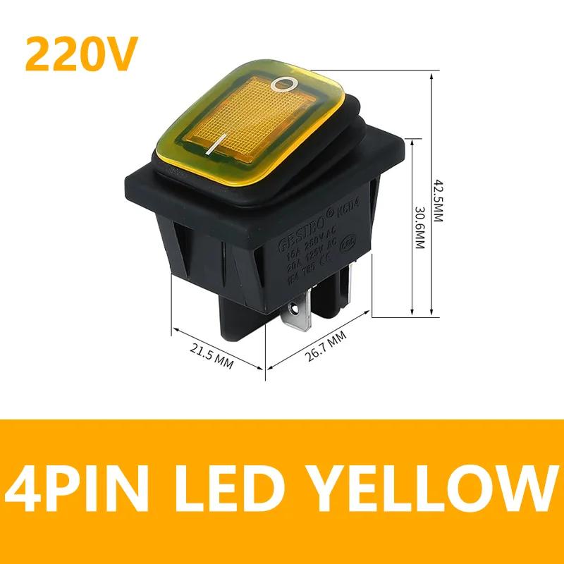 5PCS KCD4 12V 220V Waterproof And Oil Proof Latching Switch Four Feet ON OFF Red Green With Lights 4PIN Rocker Power Switch LED
