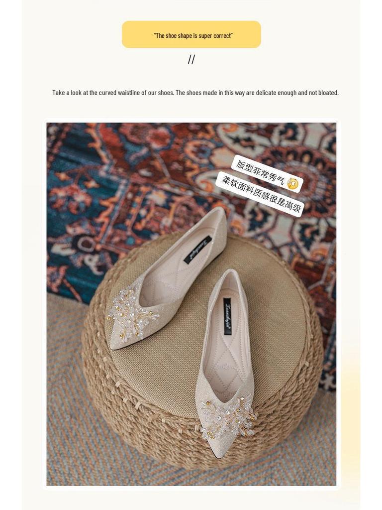 2025 Rhinestone Bridal Flat Shoes for Women - Comfortable Low-Cut Design, Suitable for Xiuhe Wedding Dresses, Ideal for Pregnant Brides.