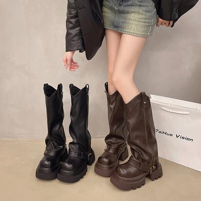 Fashion Designer Vintage Women Knee High Boots Fashion Slip On Knight Long Booties Ladies Casaul Platform Heels Botas Mujer