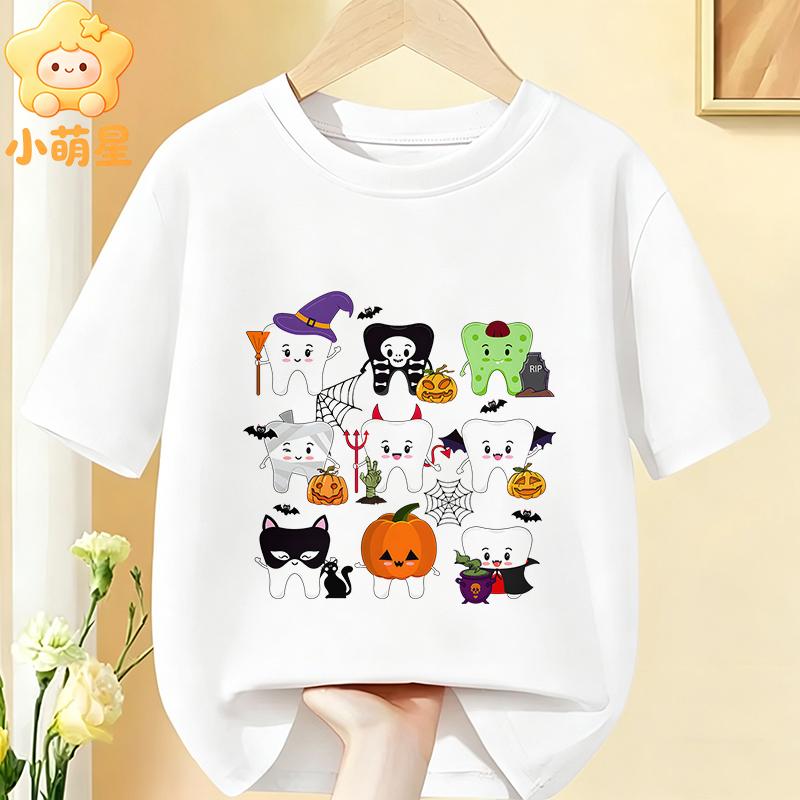 Cotton Kids Halloween T‑Shirt Adorable Ghost Riding Bike Flower Basket Bat Star Holiday Print Short Sleeve O‑Neck Children Tees