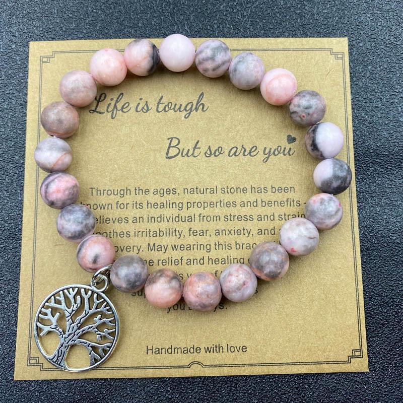 8mm Pink Zebra Stone Bead Bracelet with Gift Card: Perfect Holiday Friendship & Love Gift for Men & Women