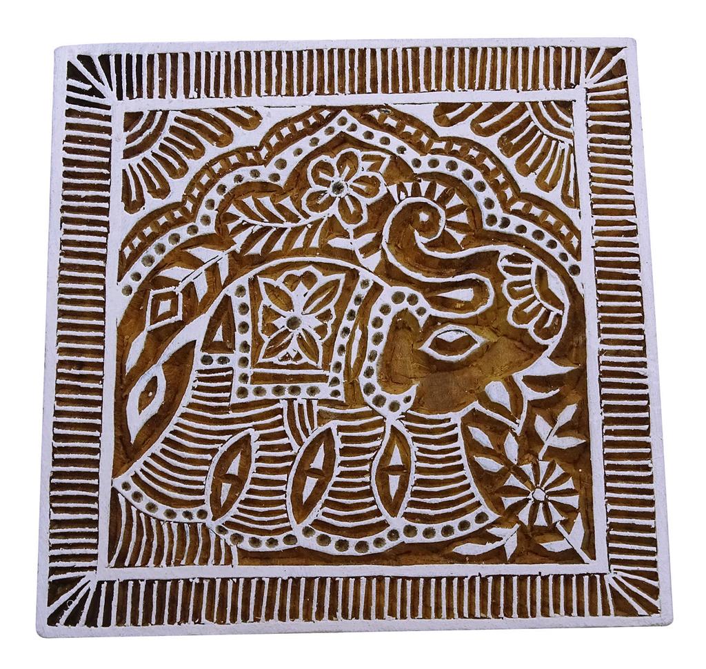 IBA Indianbeautifulart Square Shape Wooden Block Elephant Design Handcrafted Traditional Fabric