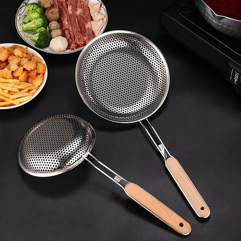 Wooden Handle Stainless Colander Pasta Noodle Strainer Skimmer Spoon Oil Pot Food Filter Strainer Cooking Outdoor Tableware