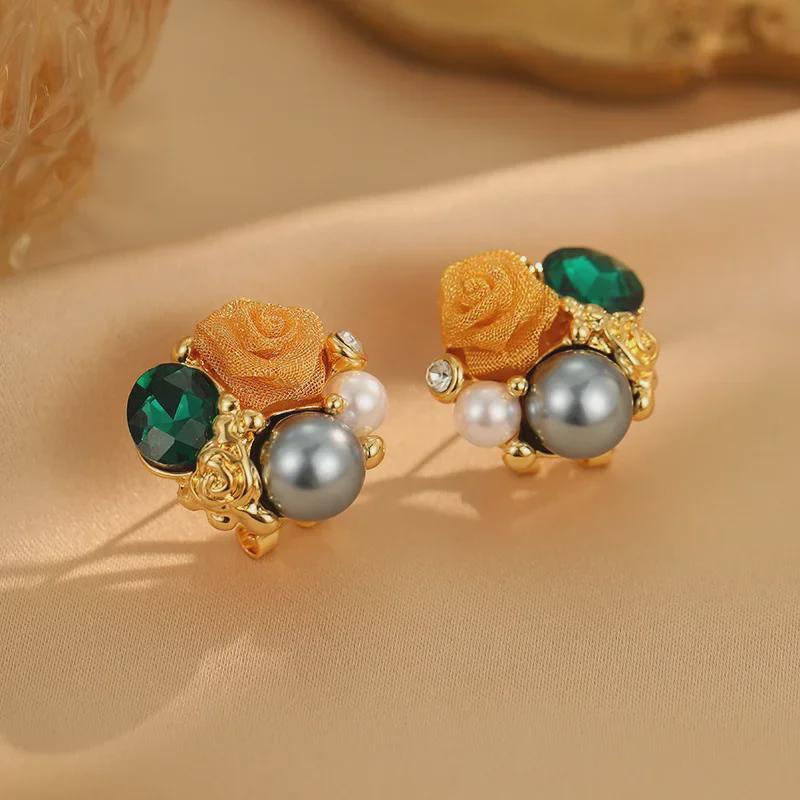 Exquisite Medieval French Rose Crystal & Pearl Flower Earrings