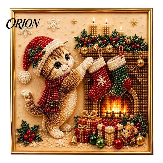 Christmas Faux Pearl Art Kit Xmas Cat Painting Kit, Festive DIY Winter Home Decor Cute Kitty 3D Bead Craft for Adults Teens, Holiday Wall Sparkling
