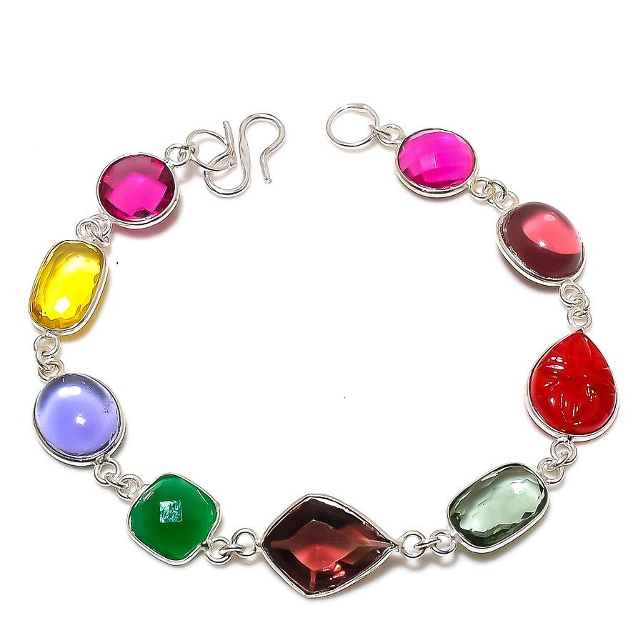 

Браслет ручной работы из стерлингового серебра 925 пробы с натуральным аметистом и ониксом, 7–8 дюймов, d7o83