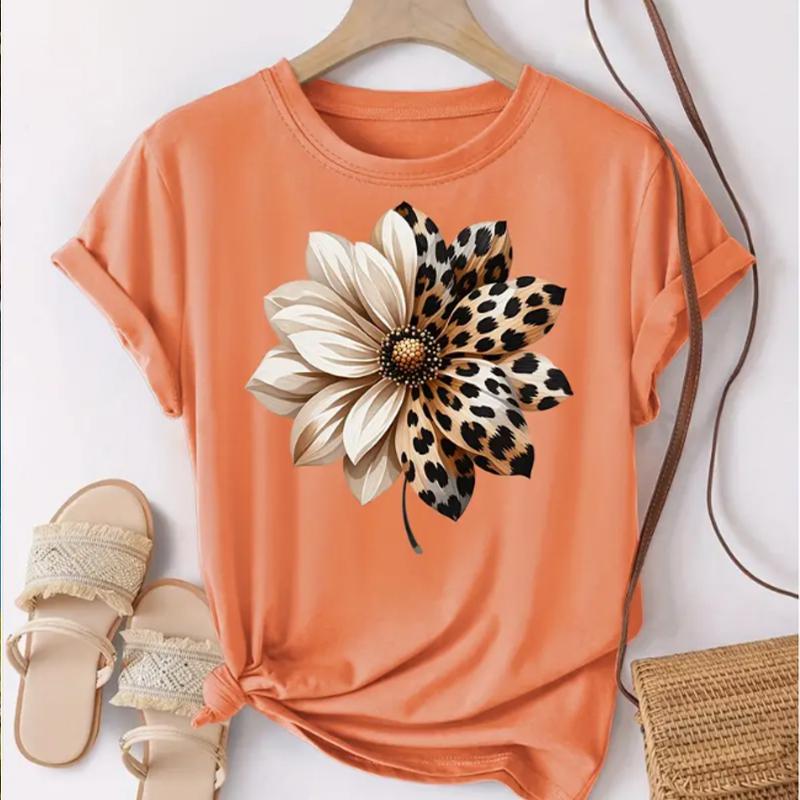 

Женская летняя футболка в стиле ретро, модная, с коротким рукавом, повседневная, с принтом подсолнуха, топы XL оранжевый