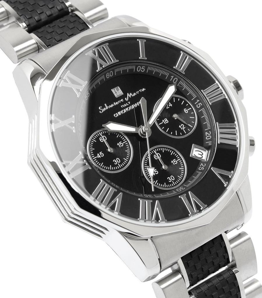 [Salvatore Marra] Relógio de pulso, Cronógrafo, Resistente à água 10 ATM, Negócios, Formal, Marca italiana, Edição limitada, Masculino, SM15104 (Prata x Preto)