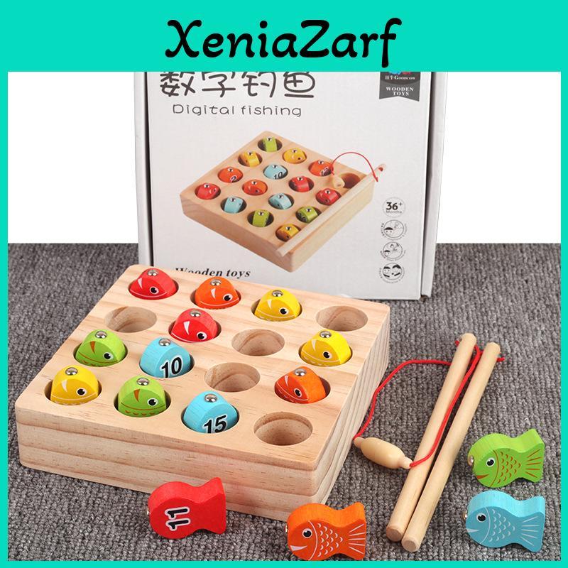 Kids Wooden Fishing Game With Magnetic Fish And Number Plates For Educational Fun
