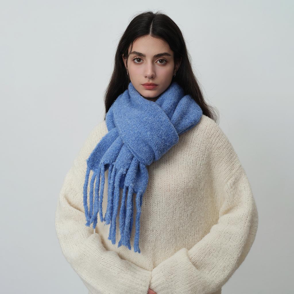 Homemade glacier blue with wool tassel solid color knitted scarf women's winter warm atmosphere soft shawl scarf