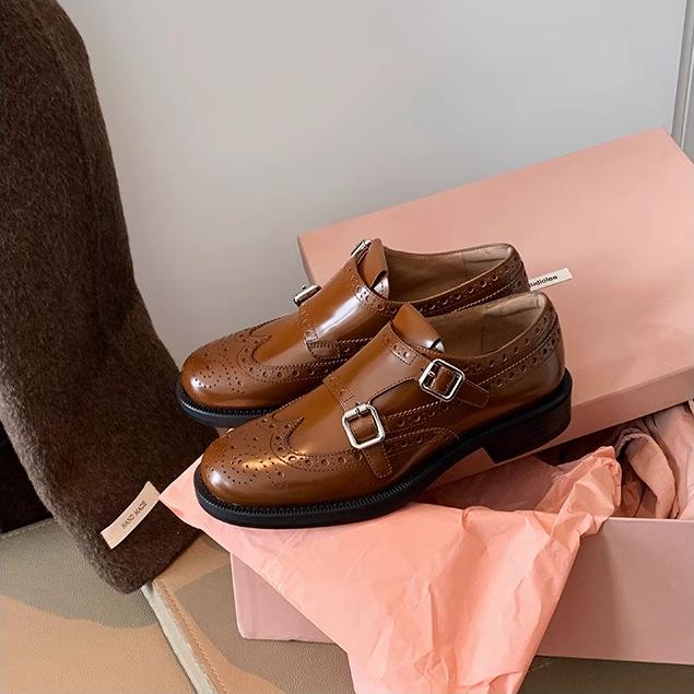British Style Retro Exquisite Carved Baroque Single Shoes Munch Leather Shoes Women's Autumn and Winter