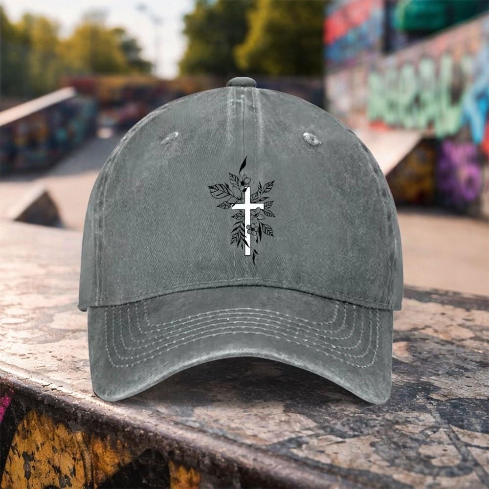 Floral Cross Washed Baseball Cap Premium Cotton Adjustable Outdoor Duck Tongue Hat