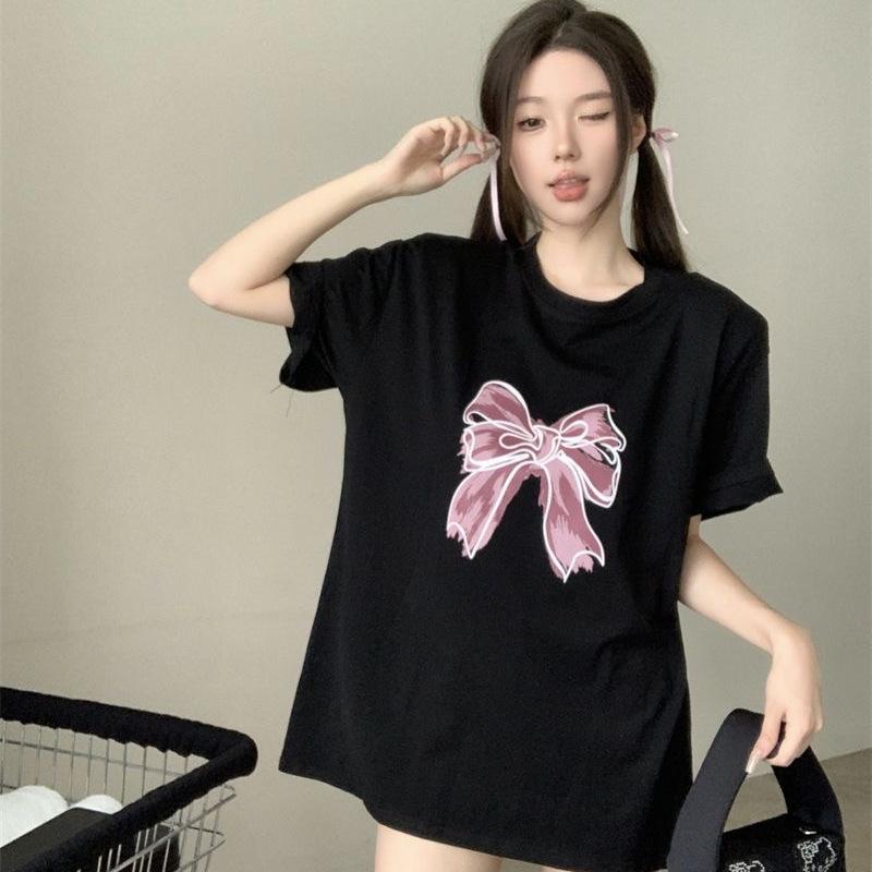 Lower clothes missing short-sleeved t-shirt women's summer Korean loose medium and long large version top 2026 new dress