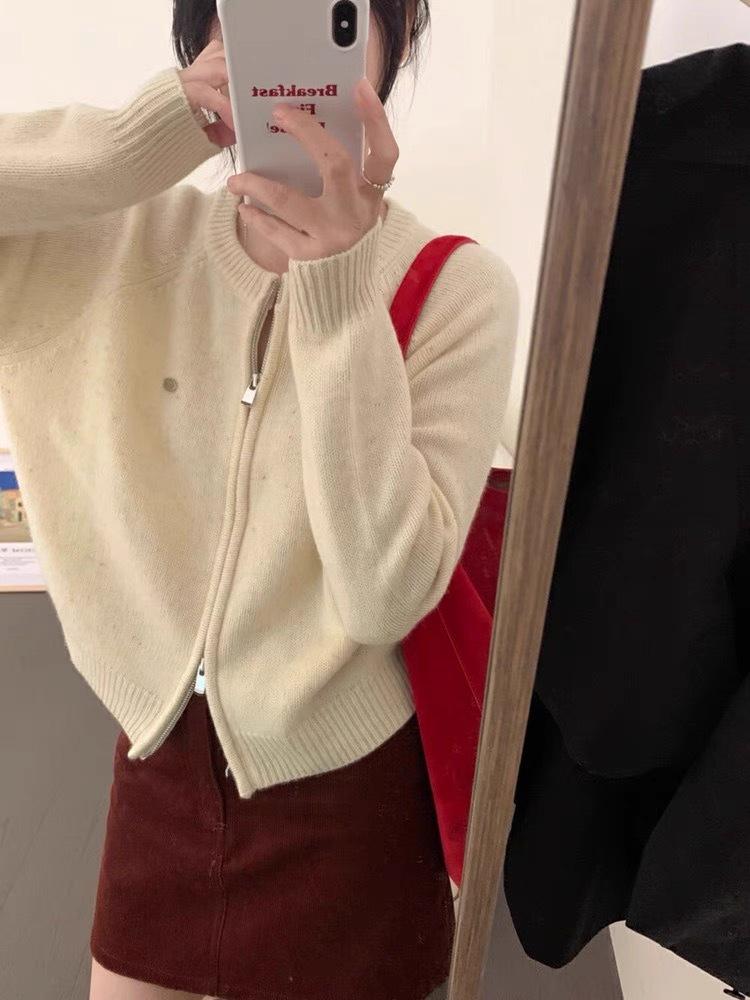 New Autumn European Style Women's 100% Pure Wool Zipper Cardigan - Retro Short Knit Sweater Coat