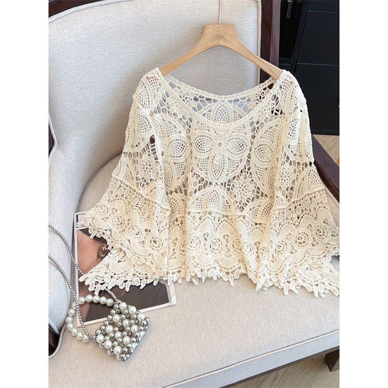 Korean Style Plus size women clothing Chubby Girl Spring/Summer Crochet Hollow Bell Sleeve Knit Casual Shirts Sun Protection Clothing M-4XL