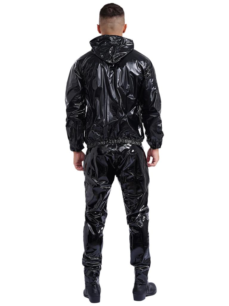 Unisex PVC Sauna oblek Dlouhý rukáv Zip S kapucí Stahovací šňůrka Bunda Vrchní díly Kalhoty Cvičení Trénink