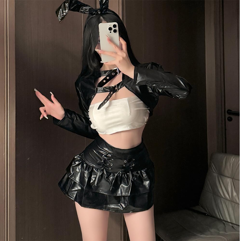 Bunny Girl Bunny Cosplay Halloween Costume Erotic Transparent Sexy PU Leather Glossy Open Chest Extreme Costume Costume Cute Moe Photography Set of 4