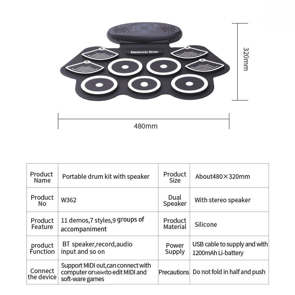 

Перезаряжаемая многофункциональная настольная барабанная установка, портативная, 9 пэдов, электронная барабанная установка, сворачиваемый силиконовый пэд для практики